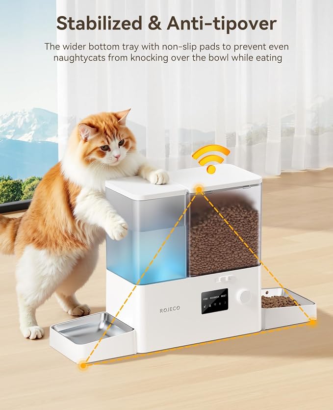 ROJECO 2-in-1 Automatic Cat Feeder & Water Dispenser,WiFi Control Feeding | 2.4G WiFi APP/Timed Feeding/5L Food Feeder,3.5L Water Fountain/Stainless Steel Bowls/Detachable Clean/White - Image 7