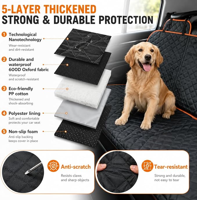Dog Car Seat Cover for Back Seat, Waterproof Dog Hammock for Car, Non-Slip Dog Covers for Cars Backseat, Universal Pet Car Seat Cover Protector for Cars SUVs Trucks (Black Orange Edge) - Image 7