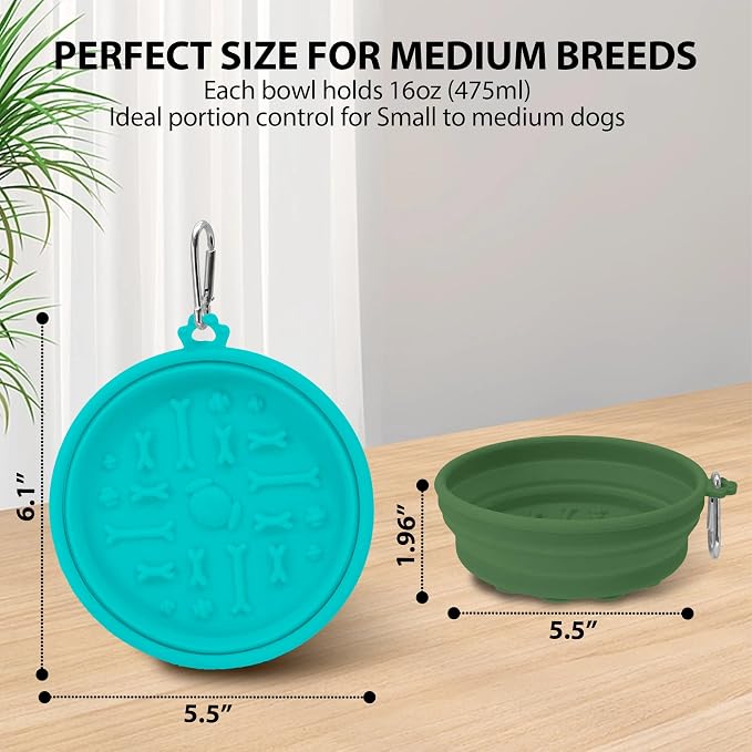 2-Pack Collapsible Dog Bowls with Suction Cups & Scraper - 16oz Travel Pet Bowls for Food/Water, Non-Slip Feeding Dish for Dogs, Includes Carabiner Clip Cyan-Olive Green - Image 2