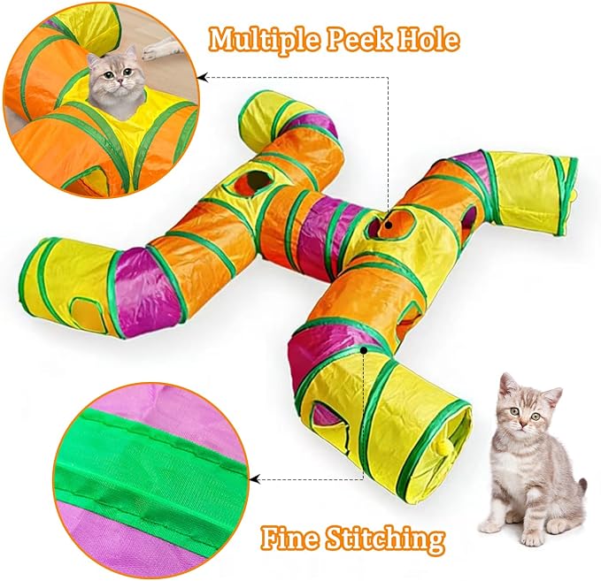 4-Way Large Cat Tunnel, H Shape Cat Tube Toy with Interactive Playing Balls, Peek Hole for Indoor Cats, Kitten, Kitty, Puppy, Rabbit (Multicolor) - Image 6