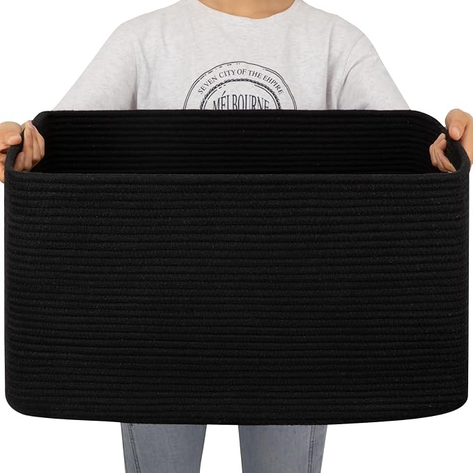 OIAHOMY 75L Large Blanket Basket, Storage Baskets with Handle, Rectangle Woven Cotton Rope Basket, Toy Organizer Bins, 22" x 17"x 12" in,Charcoal Black by MasterofSpaceOptimization