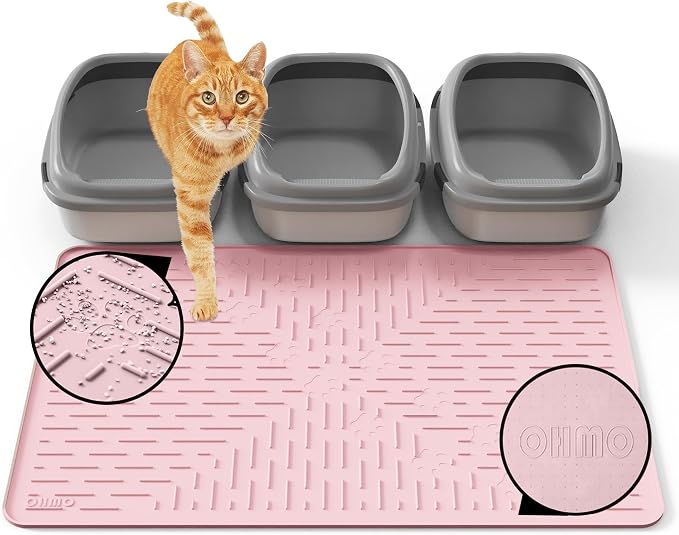 XL Cat Litter Mat, 37.5x25.2 Silicone Trapping Mat Pink | for Kitty Litter Box, Easy Clean, BPA Free Rubber, Center Litter Collection, Easy Pour-Back, Waterproof, Odor-Resistant by OHMO