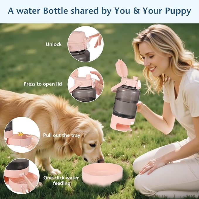 50oz Dog Water Bottle with Handle - Portable Pet & Human Water Dispenser for Hiking, Camping, Travel - Leakproof, BPA-Free, Outdoor Puppy Essential for Walking, Park, Beach (Pink) - Image 6