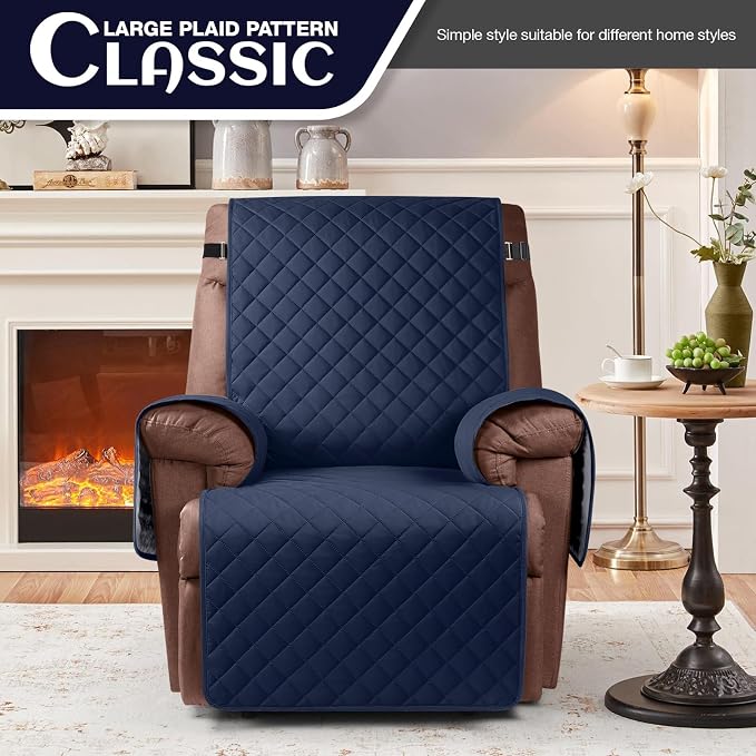 KinCam 100% Waterproof Recliner Chair Covers Washable, 28", Dark Blue | Anti Slip Reclining Couch Covers for Pets Dog, Recliner Sofa Slipcover Storage Pocket, Furniture Protector with Elastic Strap - Image 2
