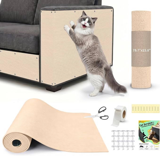 Cat Scratch Furniture Protector: 78.7"x15.8" High Self-Adhesive | Cat Scratch Carpet Trimmable for Couch Scratcher Protector from Claws Scratching Mat Lasts 3-6M 3min Install, Khaki by Finvizo