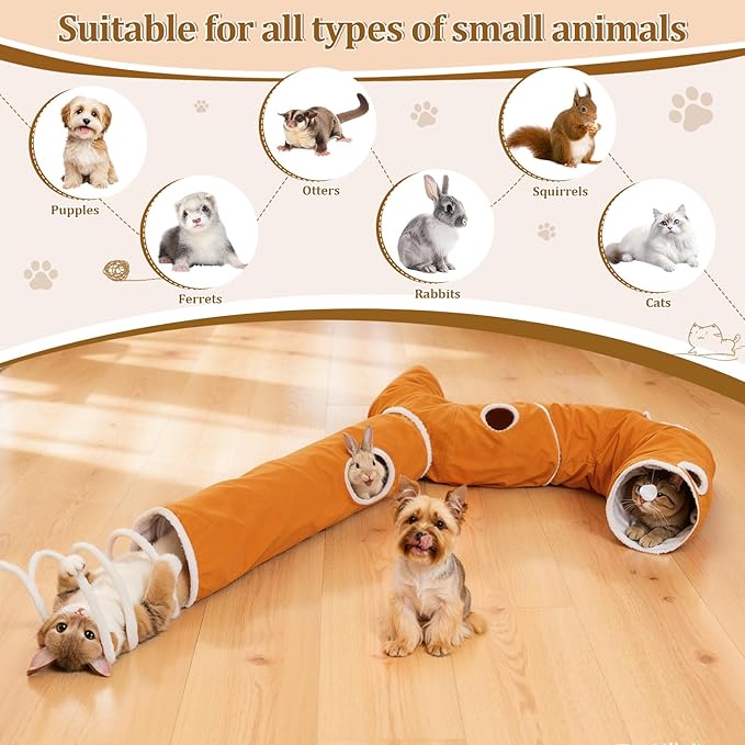 Ownpets 2-in-1 Cat Tunnel Large Lollipop Collapsible Cave Plush 12"D Orange | Foldable Tunnel Bed, Fluffy Ball, Multi-Exit Maze, For Cats Kittens Puppies Rabbits, Soft Plush, Easy Store, Cozy Hiding Spot - Image 8