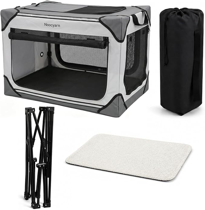 Collapsible Soft Dog Crate 42 Inch, Portable Travel Pet Crate for Extra Large Dogs with 4-Door Mesh, XL Dog Kennel Indoor & Outdoor, Light Grey - Image 9