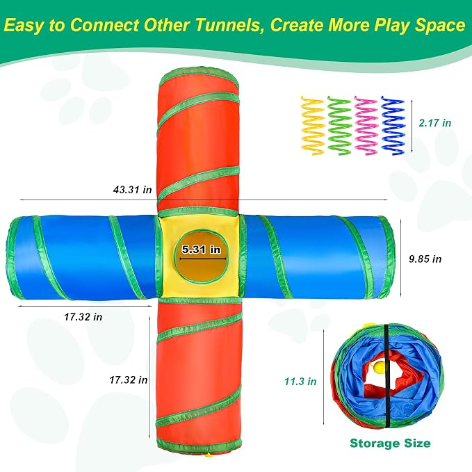 Cat Tunnel 4 Way Collapsible, Interactive Cat Toys for Indoor Cats, 12 PCS Cat Springs Toy Kitten Toys Pack, Large Rainbow Bunny Tunnel Tube with Peephole, Pet Tunnels for Cats Kitty Rabbits - Image 4