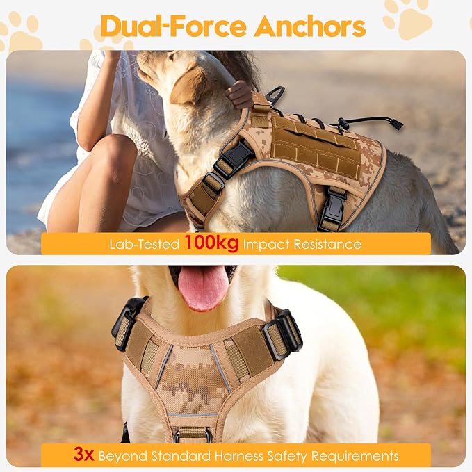Heavy-Duty Tactical Dog Harness for Large Dogs, No Pull Adjustable Reflective Pet Vest with Molle System, K9 Military-Grade Control for Service Training, Outdoor & 10+ Breeds, Khaki Camo, Large - Image 4