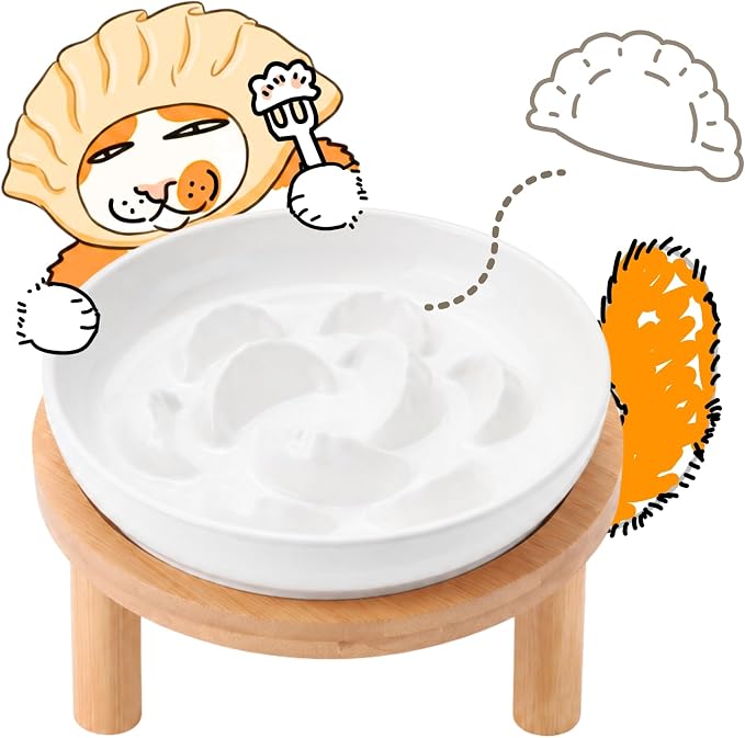 Slow Feeder Cat Bowls with Bamboo Stand, Ceramic Elevated Pet Food Plates for Cats and Small Dogs, Raised Non-Slip Feeder (White/6.3") by Tafelf
