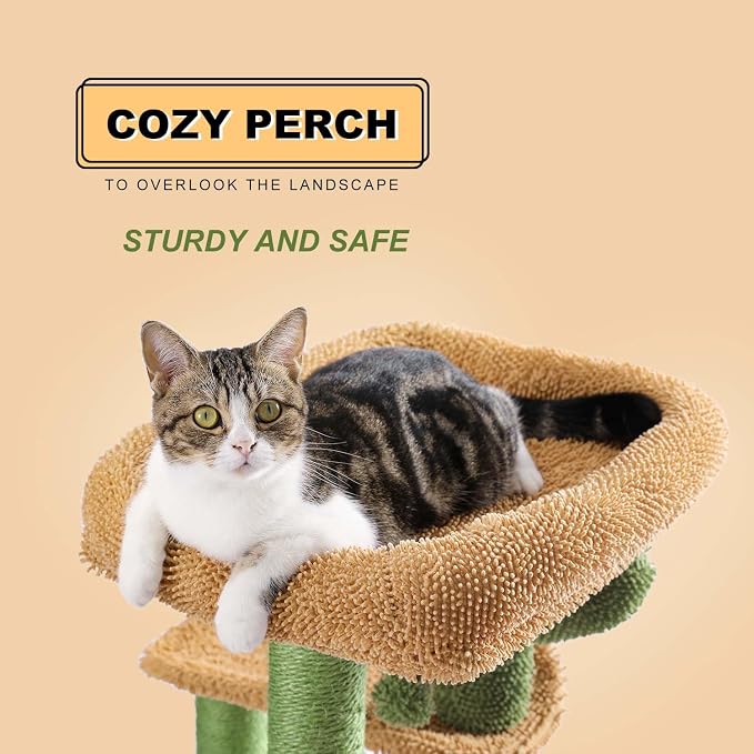Cactus Cat Tree, Multi-Level Cat Tower with Large Metal Carpet Hammock, Cat Scratching Post for Indoor Cats with Condo & Replaceable Toy Ball, Green - Image 2
