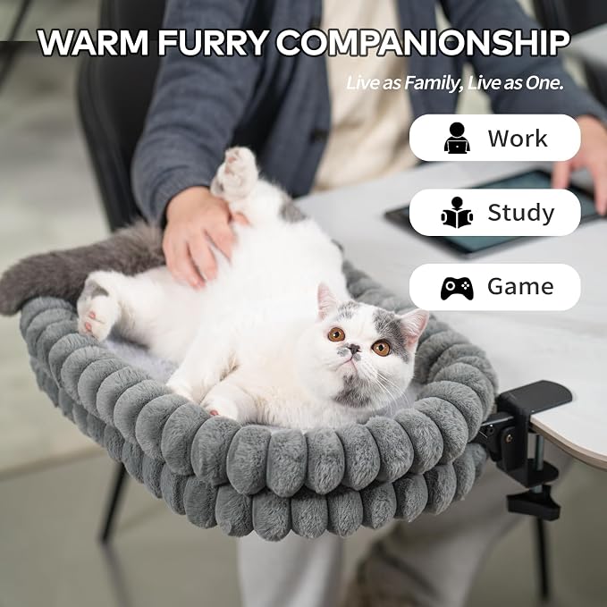 CHEERPALS Cloud Cat Bed Desk Mounted Hammock for Indoor Cats Perch Foldable | Reversible Mesh Warm Plush Mat, 90° Space Saving, Machine Washable Support Pet Bed for Kitty and Puppy(Grey, Large) - Image 3