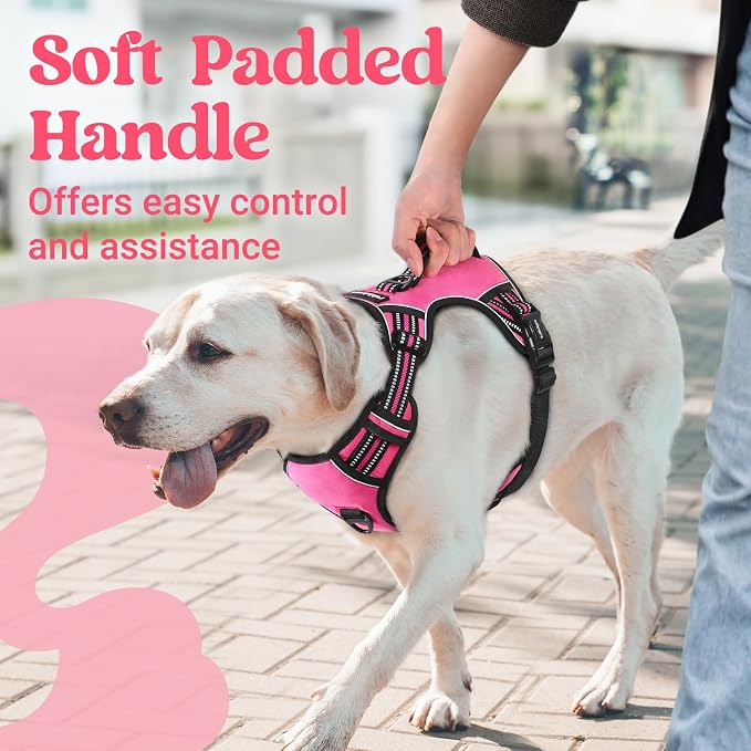 rabbitgoo Large Dog Harness, Easy Wear with 3 Buckles and Lift Handle | No Pull with Front Clip for Walking, Adjustable Soft Padded, Reflective, Easy Control, Pink, Medium - Image 2