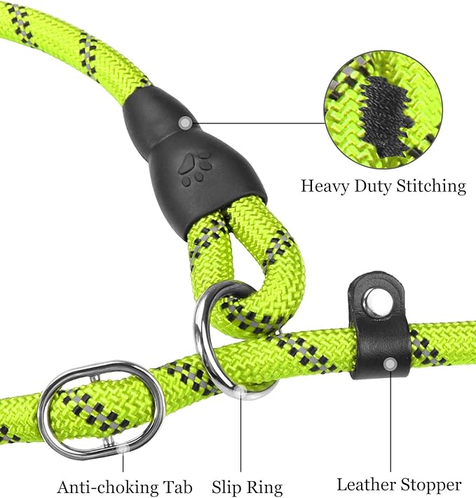TagME Slip Lead for Dogs, No Pull Training Leash, Padded Handle (Green) | Braided Climbing Rope, Reflective Stitching, 6 Ft, Fits Small to Large Dogs Up to 250 lbs, Cushioned Grip, No Leash Burn - Image 4