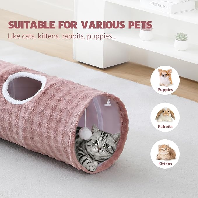 Straight Bubble Cat Tunnel for Indoor Cats 47"x12", Dusty Pink | Cute Cat Toys, Collapsible Tunnel Tube with Hanging Balls for Puppy Kitten Rabbit - Image 3
