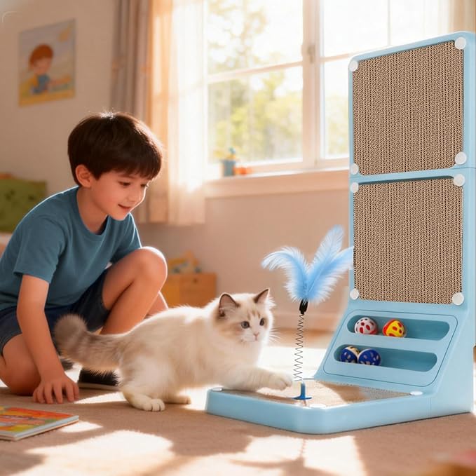 Cat Scratcher Cat Scratch Pad L Shape Wall Mounted Dual Use (Vert/Horiz) Kitten Bunifa Scratching Card Board Vertical Post with Ball Toys Feathers,Protecting Furniture Core is Replaceable Large Blue by Bunifa