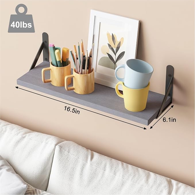YGEOMER 16.5in Floating Shelves for Wall Home Decor, Wood, Grey, Set of 6 | Rustic wood shelves with metal brackets. Space-saving for books & decor. Works in bathroom, kitchen, living room & bedroom. - Image 3