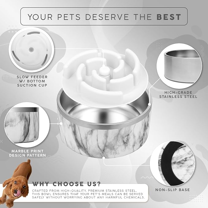 FAHRMOSIS 32 Oz Dog Bowl with Slow Feeder Insert Stainless Steel Pet Water Bowl for Medium & Large Breed Non Slip Rubber Base & Plastic Puzzle Feeder - White Marble - Image 2