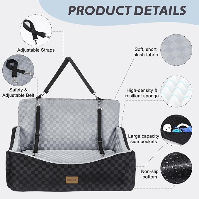 JOEJOY Dog Car Seat for Medium/Large Dogs - Reversible Dual-Sided Travel Dog Car Bed with Memory Foam, Washable Pet Booster Seat for Do gs up to 55 lbs or 2 Small Dogs, 2 Safety Leashes, Grey - Image 4