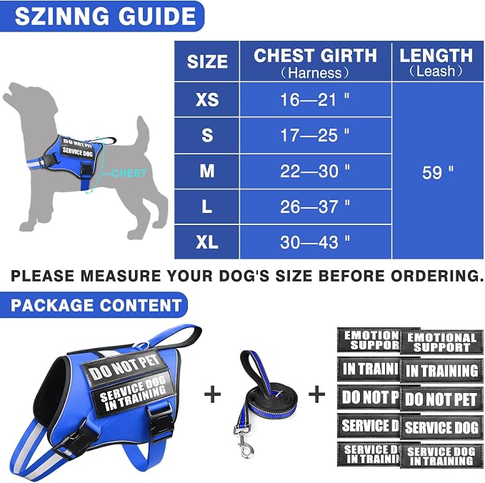 Service Dog Vest Harness and Leash Set+10 Patches,Easy Walk Blue S | No Pull&Adjustable Reflective Dog Harness Small Sized,Dog Leash with 2 Soft Padded Handles,for Training Hiking Walking - Image 5