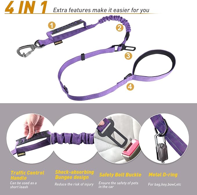 AUBELL Tactical Dog Leash Heavy Duty,4-6ft No Pull Bungee Leash,Purple | Reflective Dog Leash for Medium Large Dogs with Comfortable Padded Double Handle,Car Seat Belt,360 Degree Rotating Carabiner - Image 4