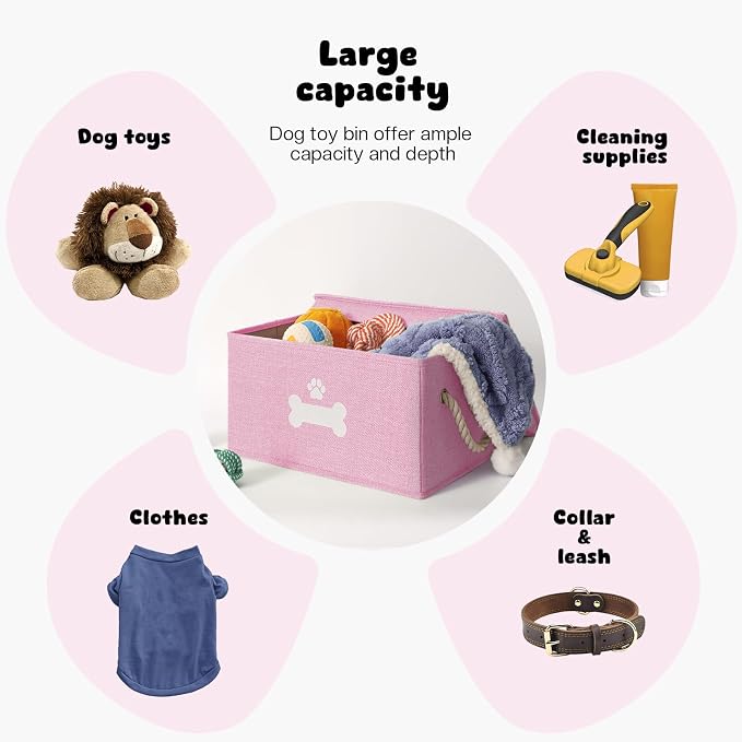 Dog Toy Basket with Lid, Dog Basket for Toys, Dogs Toy Box with Cotton Rope Handles, Collapsible Storage Bins for Pet Toys, Dogs Storage Organizer, Pink - Image 2