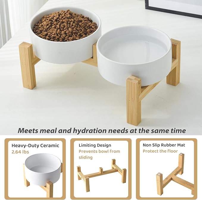 Elevated Ceramic Dog Bowl Set - Raised Dog Bowls with Non Slip Bamboo Stand, Food and Water Bowl Set for Kitty, Cats and Toy Breed Dogs, Pet Bowls, Weighted Dogs Dishes (5.1'', 2*16OZ, White) - Image 5