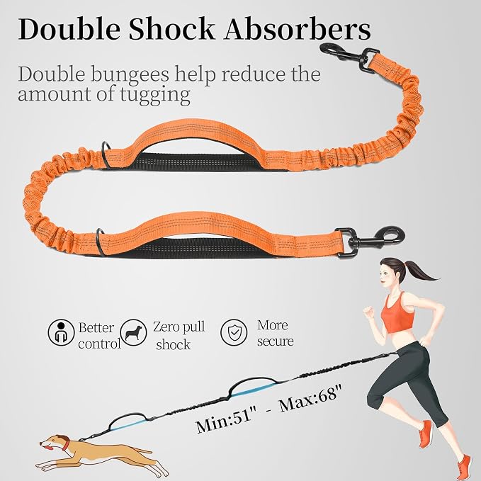 Hands Free Dog Leash with Zipper Pouch, Large, 25-120 LBS, Orange | Waist Leash, Dual Padded Handles, Shock-Absorbing Bungee, Adjustable Waist Belt, Walking and Running - Image 5
