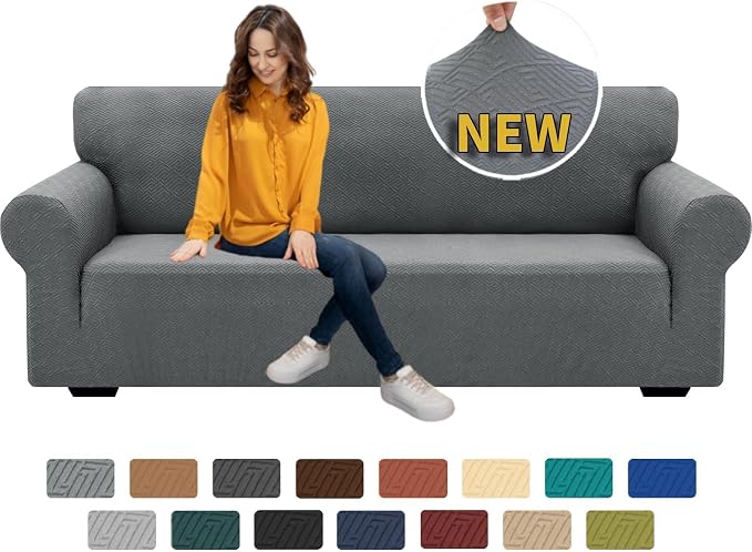 XINEAGE Stretch Jacquard Sofa Cover, Non Slip Sofa Slipcover for Dog | High-Stretch Fabric. Wear-Resistant, Pet Friendly. Easy Install & Washable for Living Rooms, Offices.Light Gray by XINEAGE