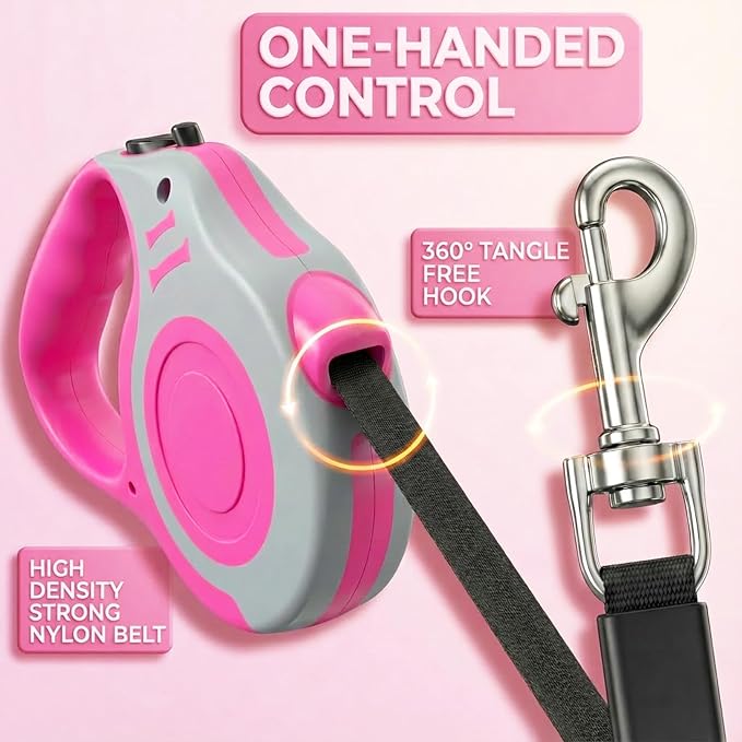 Retractable Dog Leash Lightweight 10/16FT Leash with Non-Slip Handle, for Small Dogs Puppy(Gray Pink, 10FT) | with Non-Slip Handle for Small Dogs Puppy (Gray Pink, 10FT) - Image 2