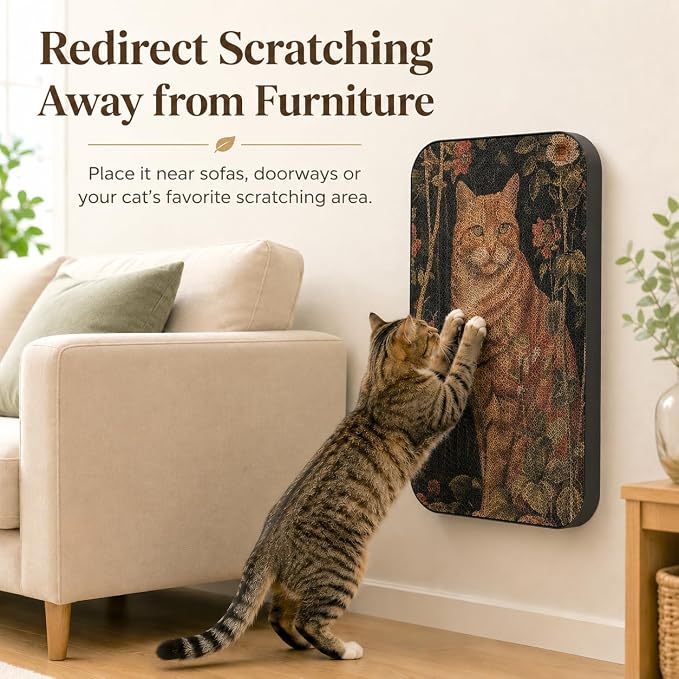 Cat Wall Scratcher, Art Cat Scratching Board for Indoor Cats | Wall Mounted Cat Scratch Pad, Water-Based Ink, Hook&Loop Strips, Floor or Wall Use, 16.7x11x1 Inch, Orange cat - Image 3