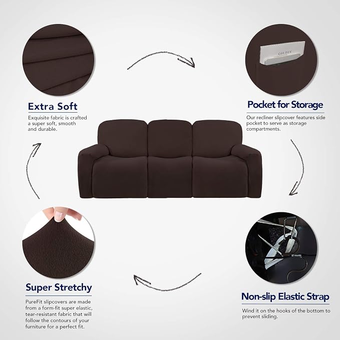 PureFit Super Stretch 3 Seats Recliner Sofa Couch Cover with Pocket | Non Slip Soft Sofa Slipcover, Washable Spandex Reclining Furniture Protector for Kids, Pets (Recliner Sofa, Chocolate) - Image 3