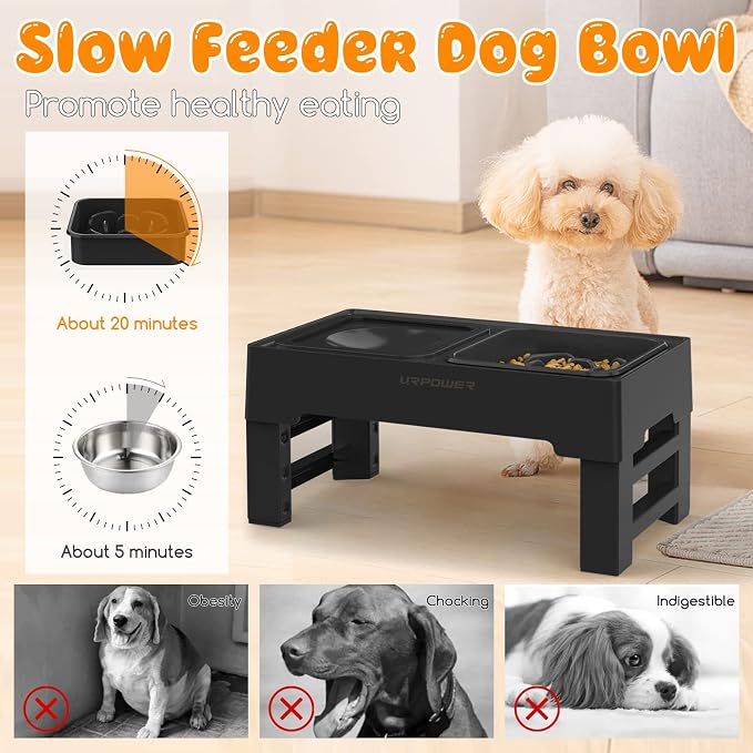 URPOWER 2-in-1 Elevated Slow Feeder Dog Bowls with No-Spill Water Bowl | 4 Height-Adjustable Raised Dog Bowls, Non-Slip Food and Water Bowls with Stand for Small, Medium, Large Dogs, Cats and Pets - Image 4