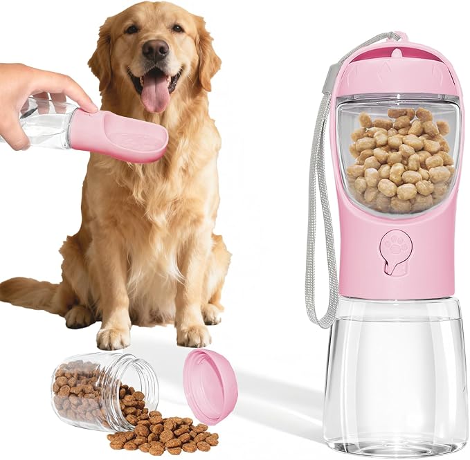 Portable Dog Water Bottle with Food Container, Pink, 12oz | BPA Free, Easy to Carry, One-Button Operation, Dishwasher Safe, for Pets Walking, Hiking, Travel by ARMLULU
