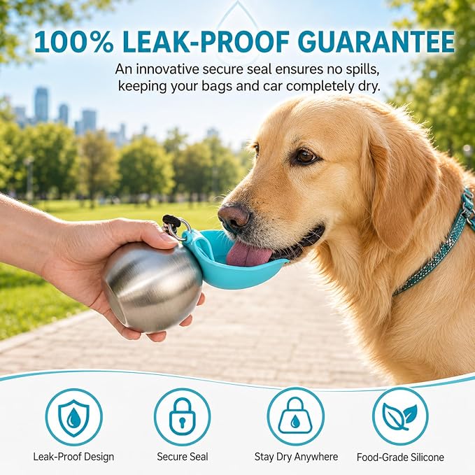 2 in 1 Portable Tumbler for Dogs,Portable Dog Water Ball,10Oz Stainless Steel Dog Water Bottle with Silicone Foldable Bowl, Leak-Proof 2 in 1 Portable Small Dog Water Bottle for Walking - Image 7