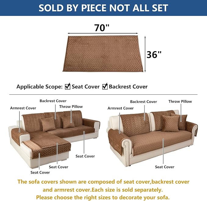 Eismodra Couch Cover,Sectional Couch Covers,Sofa Covers for 3 Cushion Couch,Anti-Slip Sofa Slipcovers for Dogs Cats Kids Loveseat Recliner L Shaped Armrest Backrest,Brown 36''x70''(Only 1 Piece) - Image 5