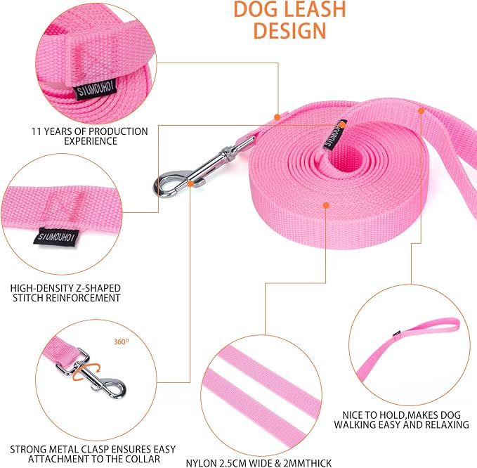 Strong Durable 15ft Nylon Dog Training Leash, 1 Inch Wide Traction Rope, for Small and Medium Dog (Pink, 15 Feet) - Image 4