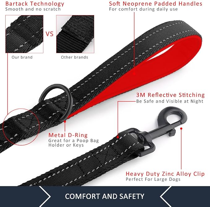 Plutus Pet Double Handle Dog Leash, 6 FT Long, for Medium Large Dogs | Reflective Nylon, Soft Padded 2 Handles, Heavy Duty for Training, Dual Handle Lead, 6 FT x 1”, Black - Image 4
