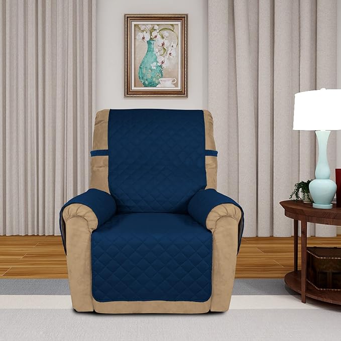 PureFit Reversible Quilted Oversized Recliner Sofa Cover, Water Resistant Furniture Protector, Washable Couch Cover with Elastic Straps for Kids, Pets (Small, Navy/Navy) | Navy/Navy, Water Resistant Couch Protector, Washable Pet Couch Cover with Non Sl... - Image 2