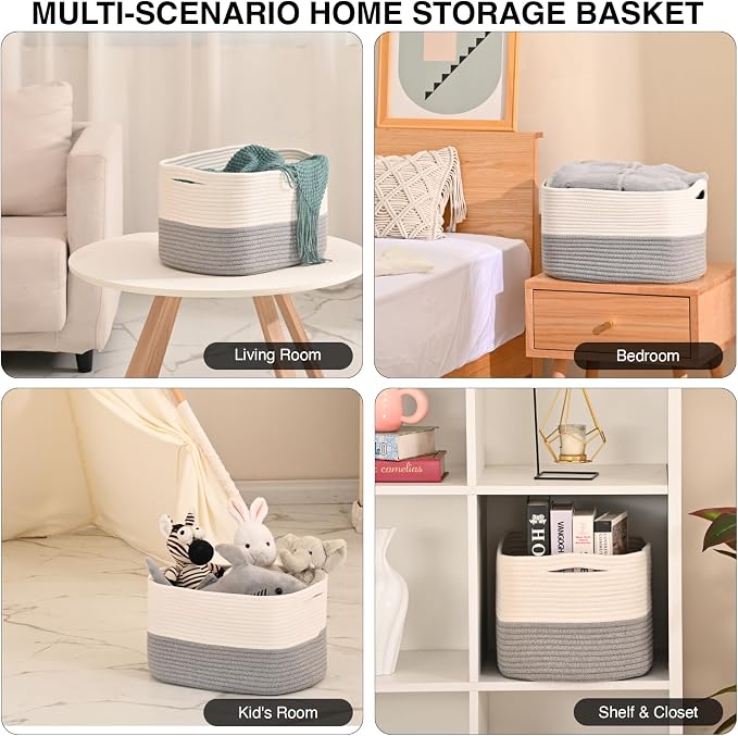 ICERZCZ Woven Cotton Rope Storage Basket for Organizing, Cute Decorative Baskets for Gifts Empty, Organizer Bins for Dog Toy, Baby Laundry, 15“×11”×9.5“, Off White & Grey - Image 4