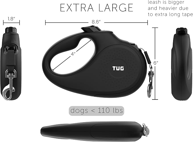 TUG Monochrome XL Retractable Dog Leash, 26 ft (Extra Large, Black) | 360° Tangle-Free Retraction, 26 ft Tape, Quick Thumb Lock, Anti-Slip Handle, For Dogs Under 110 lbs - Image 2
