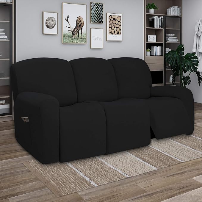 PureFit Super Stretch 3 Seats Recliner Sofa Couch Cover with Pocket | Non Slip Soft Sofa Slipcover, Washable Spandex Reclining Furniture Protector for Kids, Pets (Recliner Sofa, Black) - Image 2