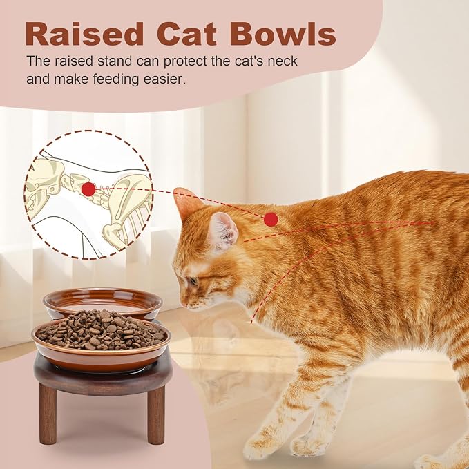 SPUNKYJUNKY Shallow Elevated Cat Bowl with Acacia Wood Stand Wide Raised Ceramic Cat Dishes Whisker Friendly Pet Food and Water Plates (Striped Pattern, Brown) - Image 3