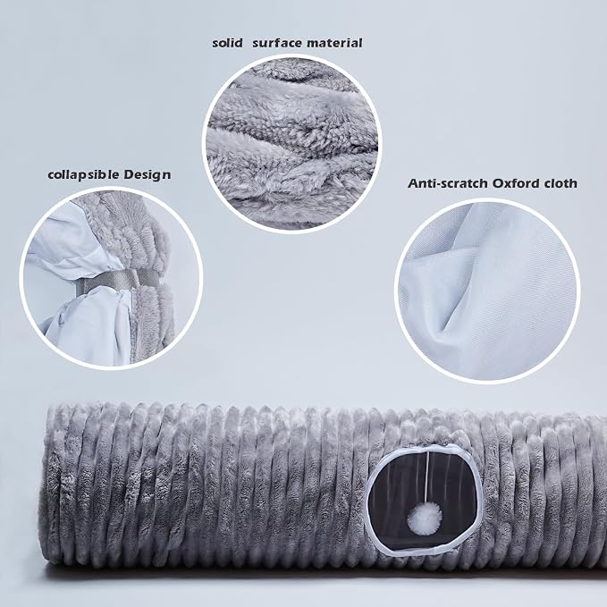Luxurious Cat Tunnel,43" Straight Cat Tunnel Bed with Balls,Cat Toys for Indoor Cats,Collapsible Peekaboo Cat Cave for Kitten Toys (Gray Stripe) - Image 5