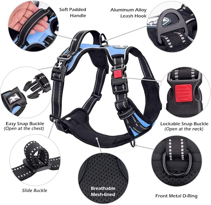 PoyPet No Pull Dog Harness Medium with Front Clip & Neck Release Buckle | No Choke, Adjustable Vest, Reflective, Back Clip, Lockable, Soft Padded Handle for Walking Training, M, Light Blue - Image 4