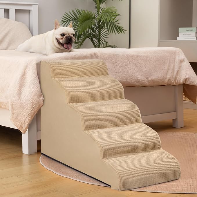 Aodisman Dog Stairs for High Bed,5-Step Pet Ramp for Small Dogs and Cats | 22.2" H Dog Steps for Bed with High-Density Foam, Help Olders,Short-Legged Dogs,Puppy and Cats Get on Beds Easily,Grey,Khaki - Image 4