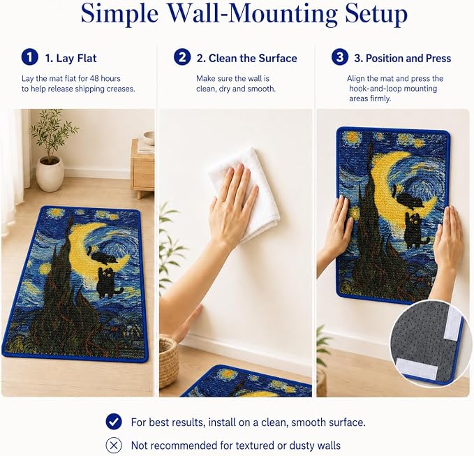 Art Sisal Cat Scratcher Mat, Cat Wall Scratchers for Indoor Cats | Wall Mounted Cat Scratcher, Natural Sisal, No-Drill Hook & Loop Setup, Floor or Wall Use, 23.6 x 15.7 Inch, Starry Night 2 - Image 9