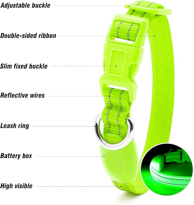 Visinite Light Up Dog Collars for Small Dogs,LED Dog Collar Light Rechargeable,Fully Adjustable Lighted Dog Collar,Glow in The Dark Dog Collars with Dog Lights for Night Walking,Green - Image 3