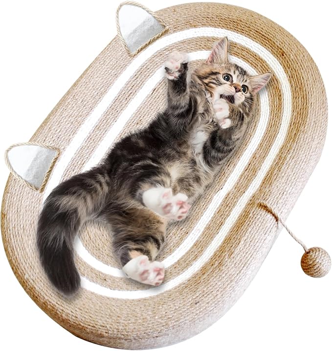 Cat Scratcher Bed 3 in 1 Sisal Cat Scratching Board for Indoor Oval Cat Scratch Pad Durable Scratching Lounge Bed Round Bowl with Toy Balls for Cats Kitten Puppy (24"x15.7"x3.5") by MUYG