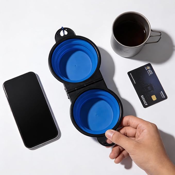Double Collapsible Dog Bowls for Travel, Food and Water Set with Clip, Blue | 13.5 oz each, folds flat, carabiner clip, walking, hiking, camping, for small and medium pets - Image 5